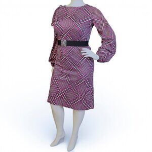 Vintage 1960s Purple Geometric Print Dress w/ Rhinestone Bow  Plus Size
